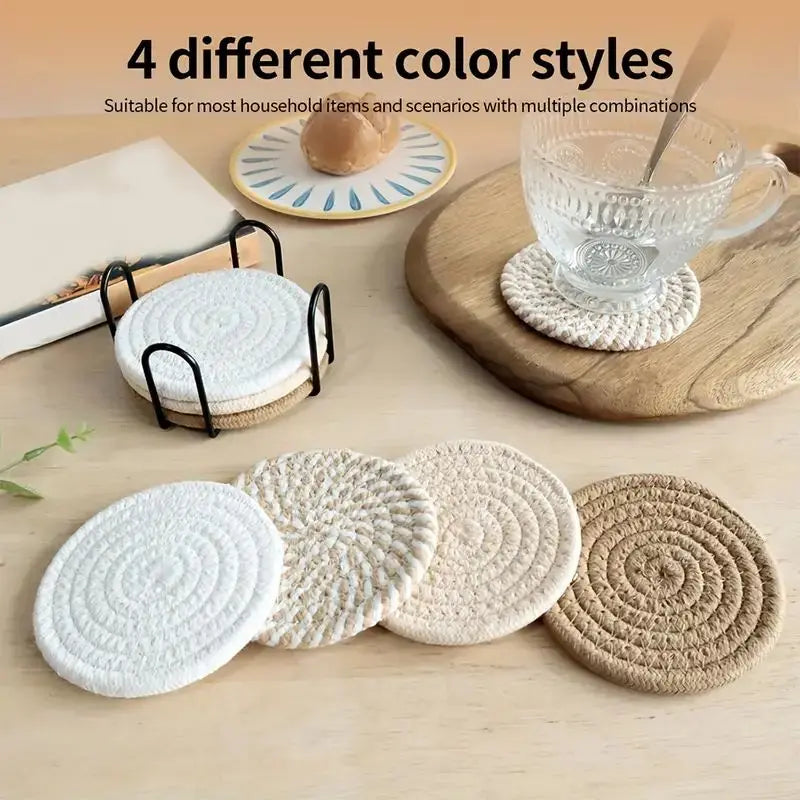 8-Piece Cotton Woven Drink Coasters – Absorbent, Boho Minimalist Coffee Table Decor, Cute Cup Mats for Home & Office