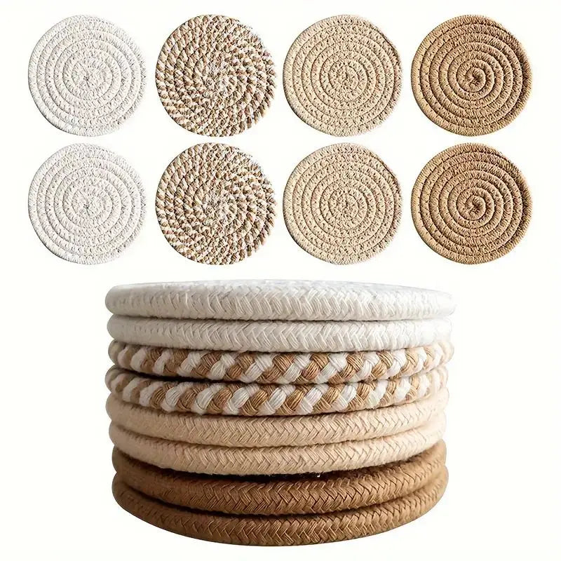 8-Piece Cotton Woven Drink Coasters – Absorbent, Boho Minimalist Coffee Table Decor, Cute Cup Mats for Home & Office