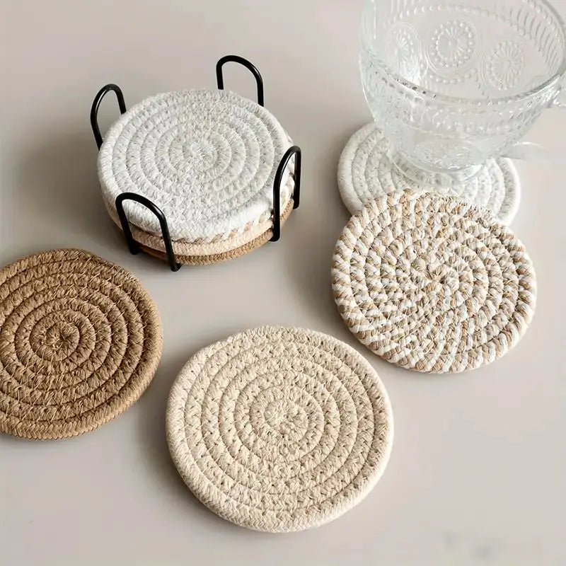 8-Piece Cotton Woven Drink Coasters – Absorbent, Boho Minimalist Coffee Table Decor, Cute Cup Mats for Home & Office