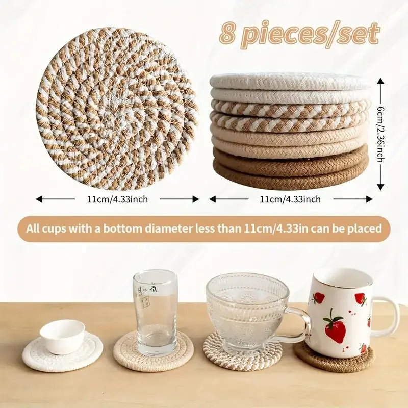 8-Piece Cotton Woven Drink Coasters – Absorbent, Boho Minimalist Coffee Table Decor, Cute Cup Mats for Home & Office