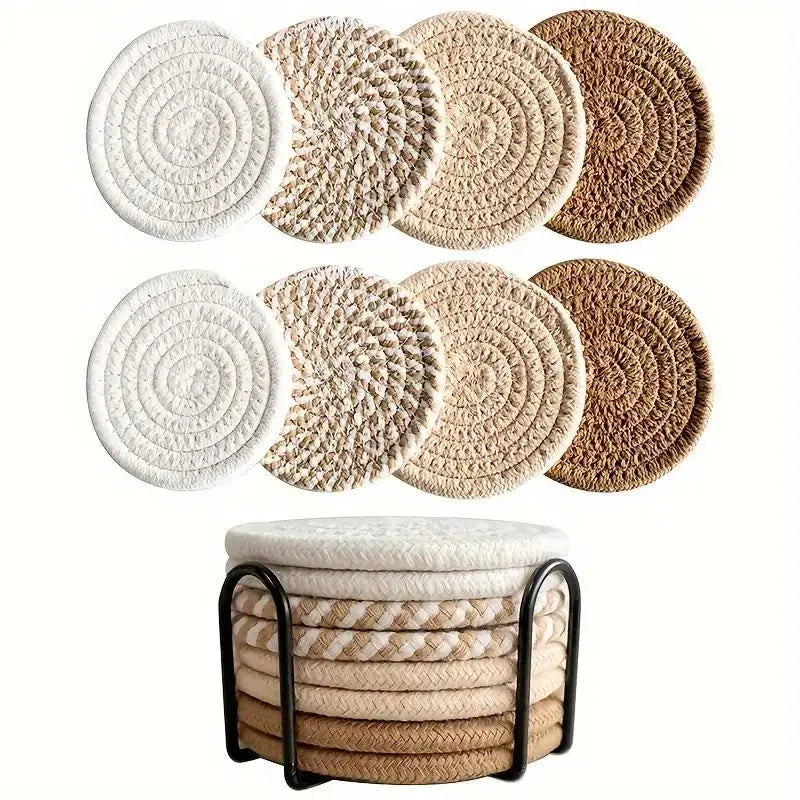 8-Piece Cotton Woven Drink Coasters – Absorbent, Boho Minimalist Coffee Table Decor, Cute Cup Mats for Home & Office
